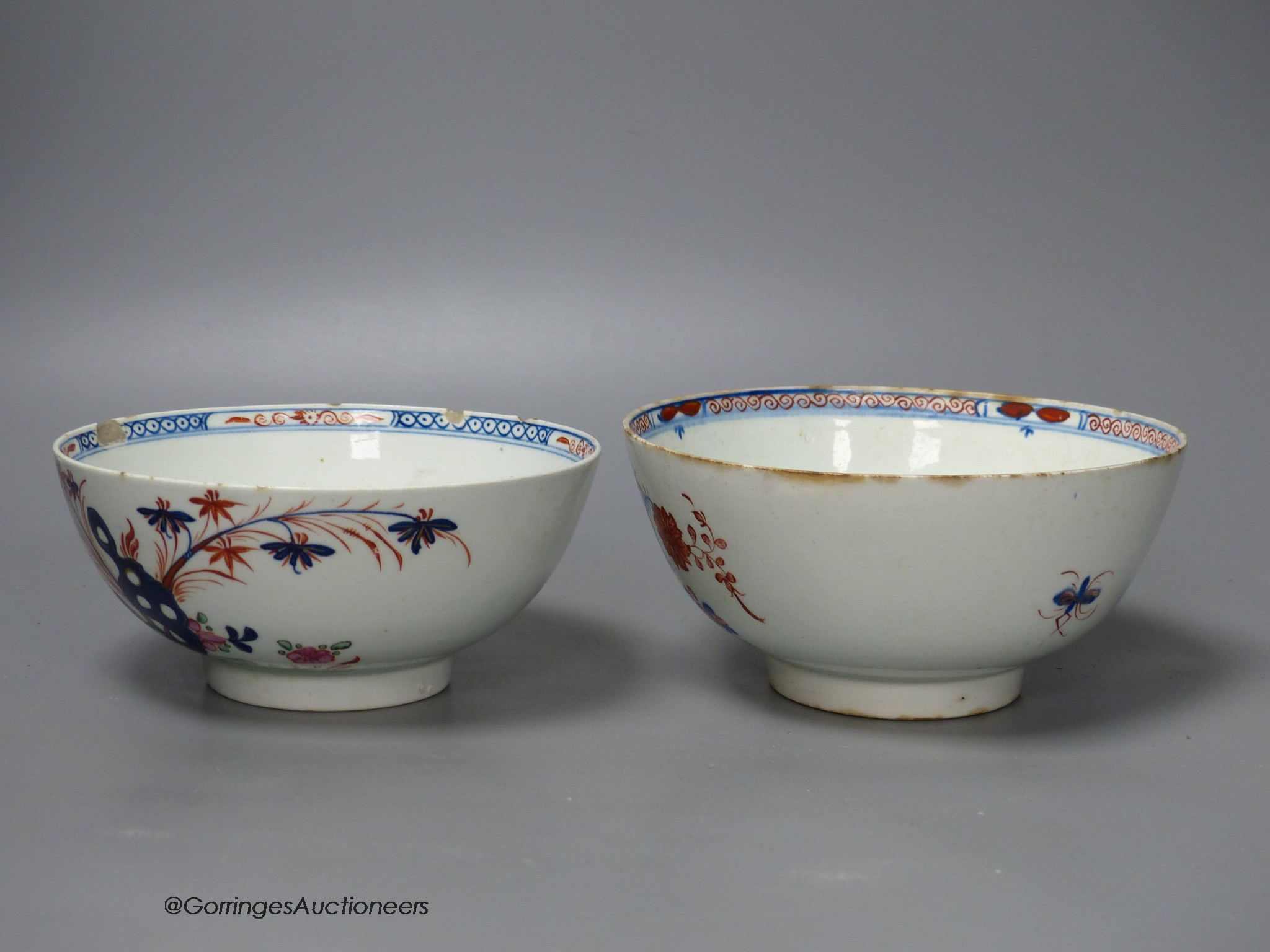 Lowestoft bowl painted in Redgrave style with Two Birds pattern and another painted with a chrysanthemum, fence and a holed rock, 16cm diameter